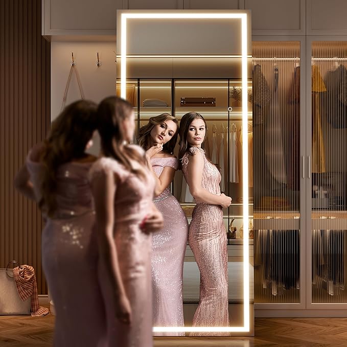 79" x 36" Full Length Mirror with Lights, Large LED Lighted Floor Standing Body Mirror, Dimmable & 3 Color Lighting for Bedroom, Cloakroom, Dressing Room, Tempered Glass, Black Frame