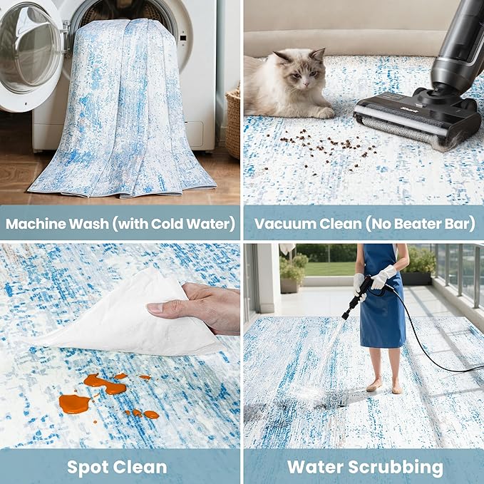 8x10 Area Rugs Washable Rug:Anti-Skid Abstract Modern Living Room Rug Soft Thin Carpets Indoor Floor Non-Shedding Carpet for Bedroom Dining Farmhouse Nursery Home Office(Light Blue/White/Beige, 8x10)
