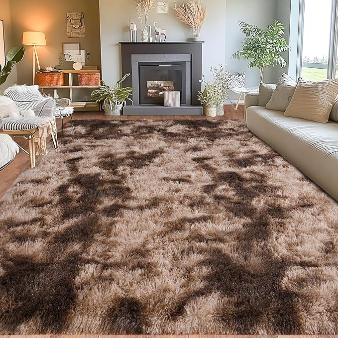 Area Rugs for Living Room 6x9, Ultra Soft Fluffy Rug for Bedroom, Modern Shaggy Carpets Fuzzy Rug for Girls Boys Room Home Indoor Nursery Teens Dorm Decor, Upgrade Non-Slip Durable, Tie Dyed Brown