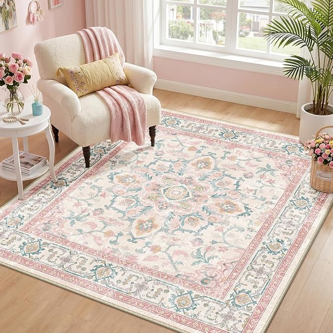 CAPALOCA Machine Washable Rugs Nursery Rug Sq4ft Cute Girl Non Slip Low Pile Water Repellent Soft Print Pattern for Bedroom Indoor Decor Kids Playroom Pink Teal