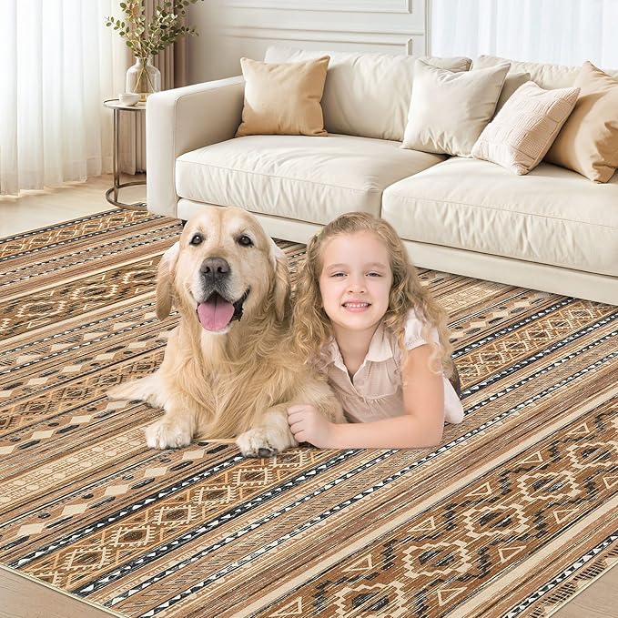 cotiled 8x10 Area Rug Living Room: Washable Boho Rugs with Non Slip Backing Large Soft Indoor Stain Resistant Carpet for Bedroom Farmhouse Dining Room Lightweight Home Decor Brown/Beige
