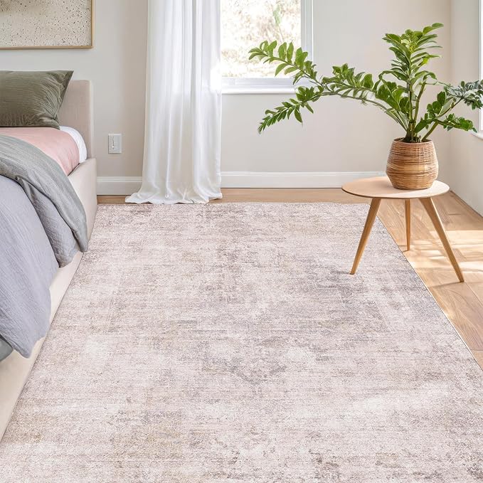 Hazo Haus Modern Pink and Grey 5x7 Area Rugs for Bedroom - Abstract Living Room Rug, for Dining Room Under Table, Washable, Non Slip & Soft, Medallion Distressed Print Pattern