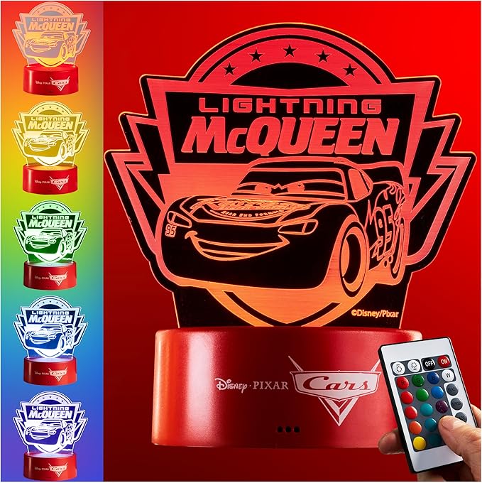 Get Trend Disney Cars Lightning McQueen 3D Illusion Night Light for Kids, 16 Colors, 4 Lighting Modes, Dimmable, Dual Powered LED Desk Lamp, Bedroom Decor, Gifts for Boys (Multi Cars)