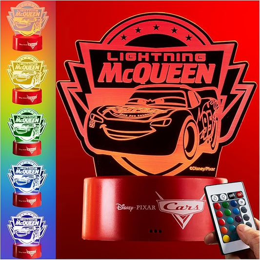 Get Trend Disney Cars Lightning McQueen 3D Illusion Night Light for Kids, 16 Colors, 4 Lighting Modes, Dimmable, Dual Powered LED Desk Lamp, Bedroom Decor, Gifts for Boys (Multi Cars)