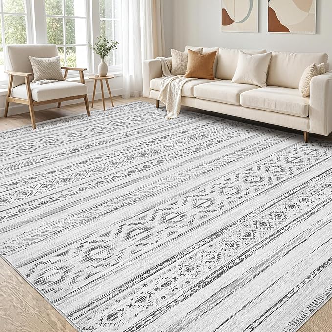 cotiled 10x12 Area Rug Living Room: Washable Boho Rugs with Non Slip Backing Large Soft Indoor Stain Resistant Carpet for Bedroom Farmhouse Dining Room Lightweight Home Decor Cream Grey