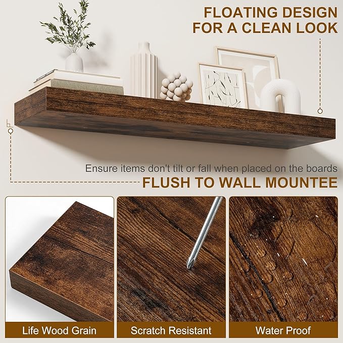 Fun Memories 30Inch Floating Shelves for Wall, 2 Pack Rustic Wood Shelves for Bathroom|Kitchen Wall Mounted Floating Shelf with Invisible Brackets for Books|Storage|Decor, Brown