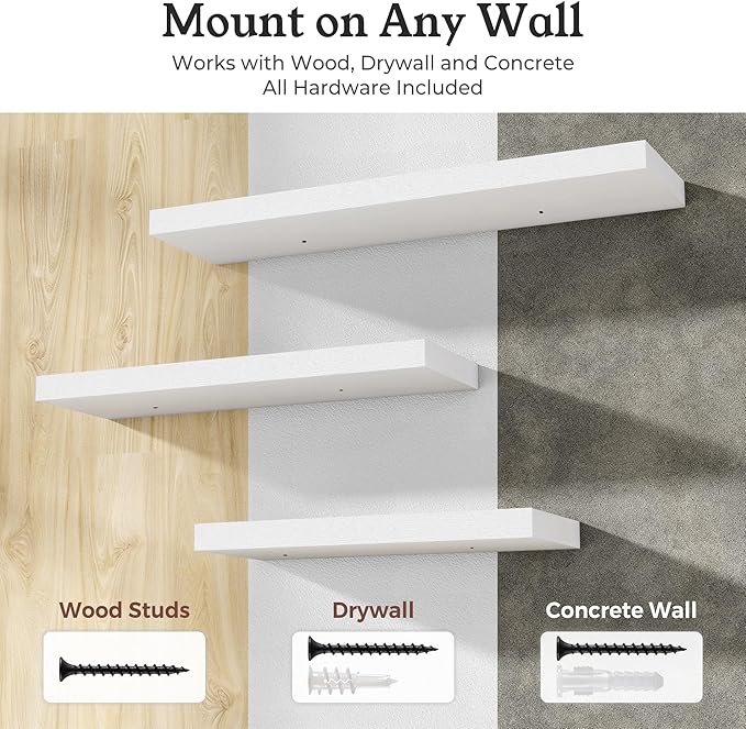 Floating Shelves for Wall, 9.3" Deep Wall Mounted Wood Shelves for Bathroom, Bedroom (White, 55)