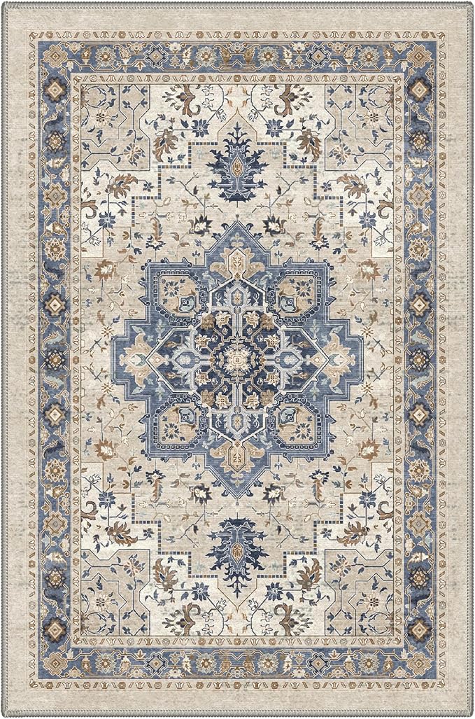 GENIMO 2'6"x8 Runner Rugs for Hallway, Machine Washable Non Slip Vintage Rugs, Low Pile Lightweight Soft Print Carpet for enrtyway, Corridor, Home Office, Kitchen, Blue Cream