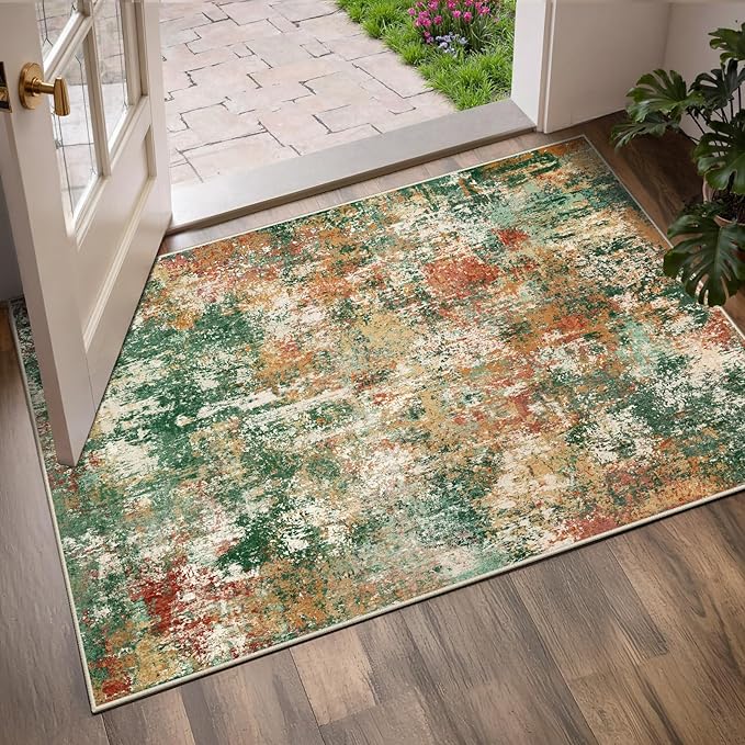 RELEANY Washable Area Rugs 3'x5' Non-Slip Modern Abstract Soft for Living Room Entryway Bedroom Nursery, Print Pattern, Green Orange Rust Red Cream Colorful