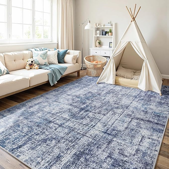 9x12 Area Rugs for Living Room Washable Rug: Anti-Skid Abstract Modern Living Room Rug Soft Thin Carpets Indoor Floor Non-Shedding Carpet for Bedroom Dining Farmhouse Nursery Navy Light Gray