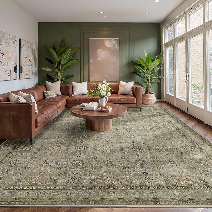 Rugxara 9x12 Area Rugs for Living Room Bedroom, Large Washable Rug, Vintage Floral Boho Rug, Non Slip & Low Pile Faux Wool Thin Carpet for Indoor Dining Room and Kids Room(Olive Brown 9x12ft)
