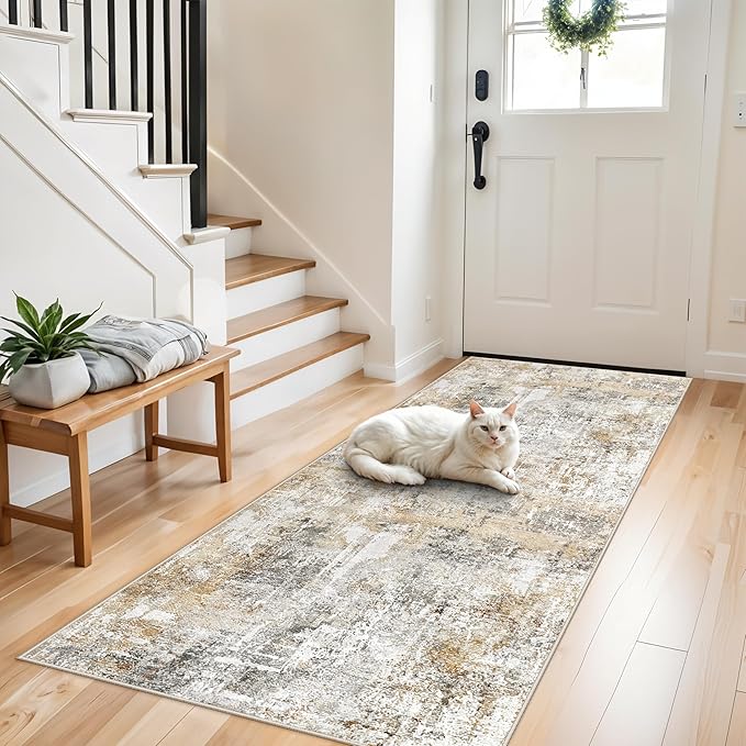 3x7 Washable Non-Slip Kitchen Runner Rug – Modern Abstract Neutral Beige & Gray Carpet for Hallway, Entryway, Bedroom, Laundry Room – Low-Pile Thin Wide Floor Runner (Gold Grey