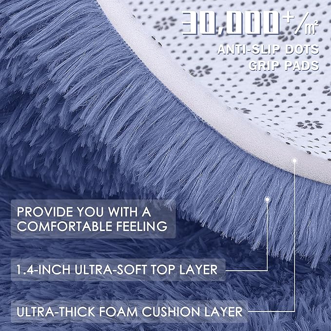 OLANLY Denim Blue Round Rugs for Bedroom - Machine Washable, 2 ft Circle Area Rugs for Living Room, Soft and Fluffy Shaggy Carpet for Teen Girl and Boys, Nursery Rooms, Dorms, Home Decor Aesthetic