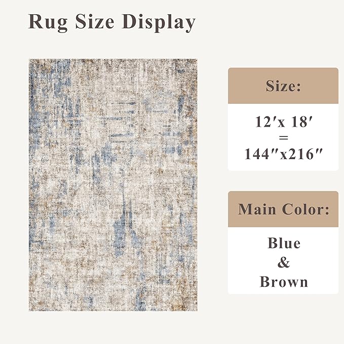 12x18 ft Extra Large Living Room Rug – Washable Modern Abstract Neutral Oversize Rugs for Bedroom,Dining Room,Family Room – Non-Slip Low-Pile Thin Stain-Resistant Carpet（Blue Brown）