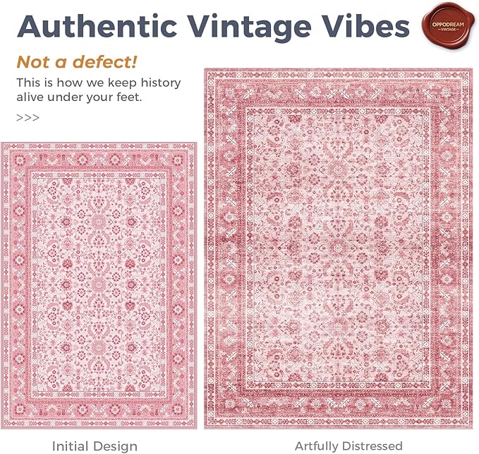 OPPODREAM Vintage Pink 2x6 Runner Rug, 2 x 6 Retro Washable Rug Non Slip, Low-Pile Faux Wool Carpet, Distressed Floor Mat for Kitchen, Hallway, Entry-Way, Entrance, Indoor Back Door