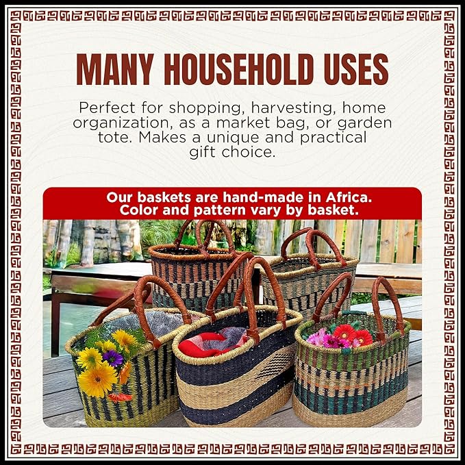 Africa Heartwood Project - Deluxe Large Oval Colorful African Basket with Leather Handle - Classic Heartwood Bolga Market Basket from Women in Bolgatanga, Ghana - 18" Oval Flat-packed