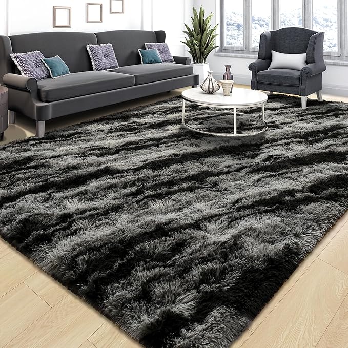 Tepook Fluffy Large Rugs for Living Room, 8x10 Area Rugs for Bedroom, Modern Shag Fuzzy Carpets for Kids Boys Girls, Plush Indoor Nursery Home Decor Rug with Non-Slip Bottom, Black Grey