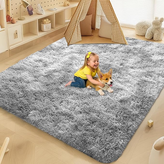 6x9 Rugs for Living Room, Rugs for Bedroom, Plush Fluffy Carpet, Non-Slip Upgrade Dark Grey Rug, Suitable for Kids Dorm Home Decor Aesthetics.