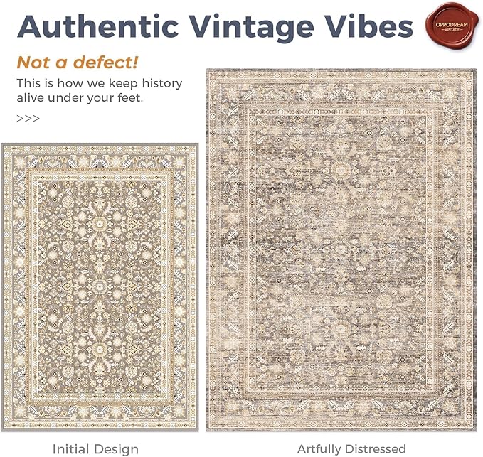 OPPODREAM Vintage Beige 2x6 Runner Rug, 2 x 6 Retro Washable Rug Non Slip, Low-Pile Faux Wool Carpet, Distressed Tan Floor Mat for Kitchen, Hallway, Entry-Way, Entrance, Indoor Back Door