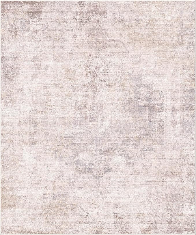 Hazo Haus Modern 10x12 Area Rug for Living Room - Large Bedroom Rug Under Bed, Pink and White Distressed Medallion Pattern, Ultra Soft Washable Non Slip Lightweight Thin Foldable