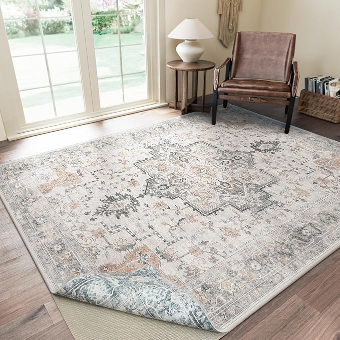 GENIMO 6x9 Reversible Area Rugs for Living Room, Machine Washable Rug with Pad, Non Slip Vintage Rug, Low Pile Lightweight Chenille Print Carpet for Bedroom Dining Room Home Office, Taupe & Blue
