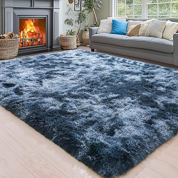 Area Rugs for Living Room 6x9, Ultra Soft Fluffy Rug for Bedroom, Modern Shaggy Carpets Fuzzy Rug for Girls Boys Room Home Indoor Nursery Teens Dorm Decor, Upgrade Non-Slip Durable, Tie-Dyed Blue Grey