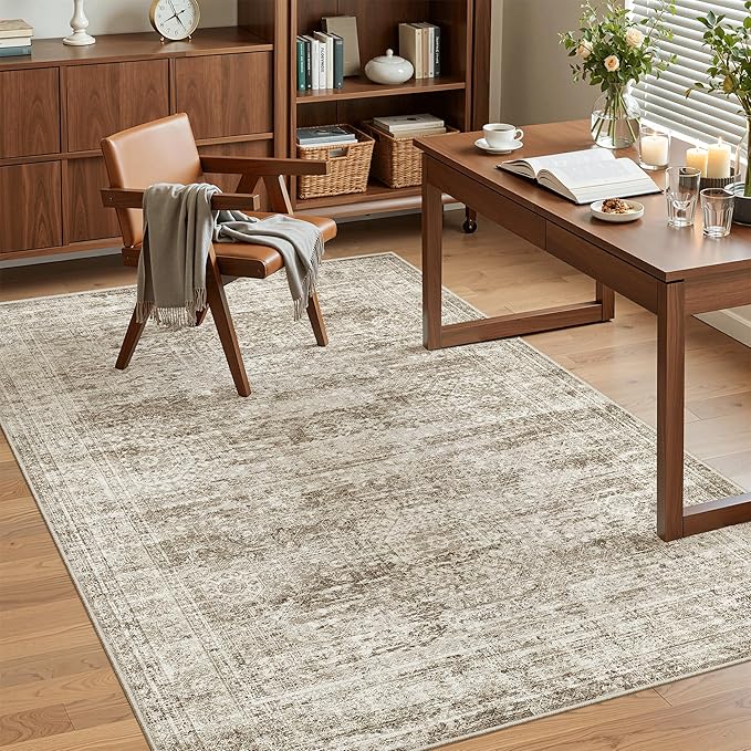 Soalmost Area Rugs 4x6 for Living Room, Vintage Washable Rugs for Dining Room, Kitchen, Non-Slip Area Rug Brown