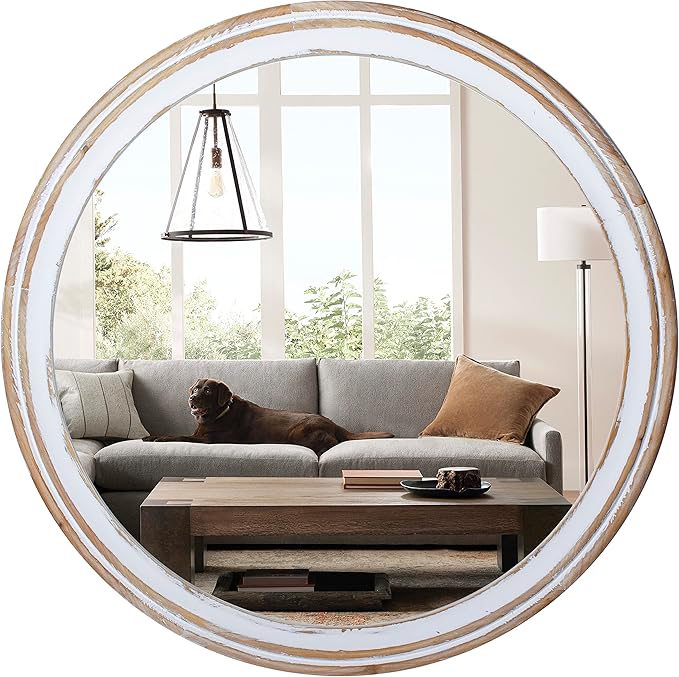 Reflinto 30 Inch Rustic Farmhouse Wooden Round Mirrors for Wall Decor, Washwhite Circle Decorative Mirror for Bathroom Over Sink, Entryway, Living Room, Foyer