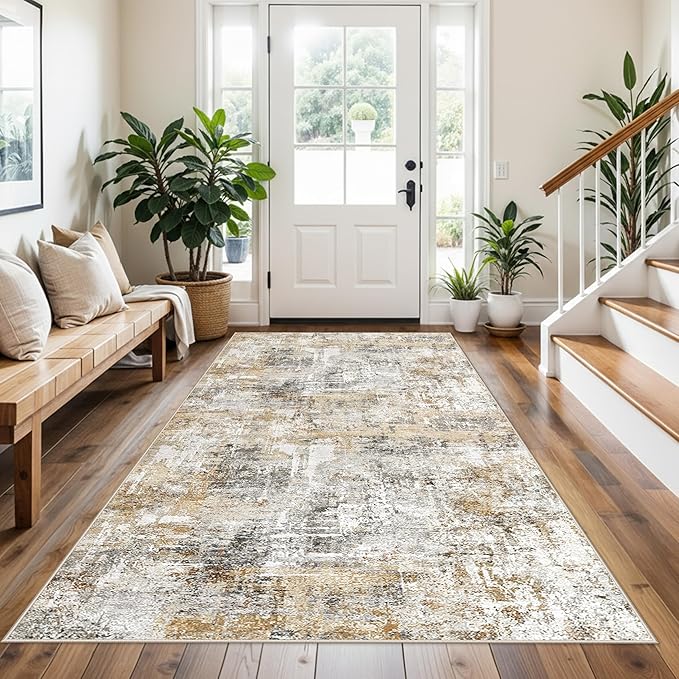 4x8 Washable Area Rug – Non-Slip Rubber Backed Indoor Rug for Entryway, Kitchen, Hallway | Modern Abstract Neutral Low Pile Thin Floor Mat for Bedroom, Living Room, Office (Gold Grey)