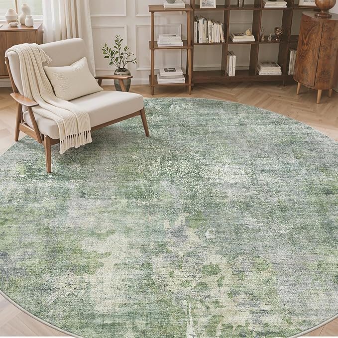 Soalmost 8x8 Green/Ivory Round Rug 8ft Living Room Circle Rug Vintage Round Area Rug Non Slip Indoor Carpet for Apartment