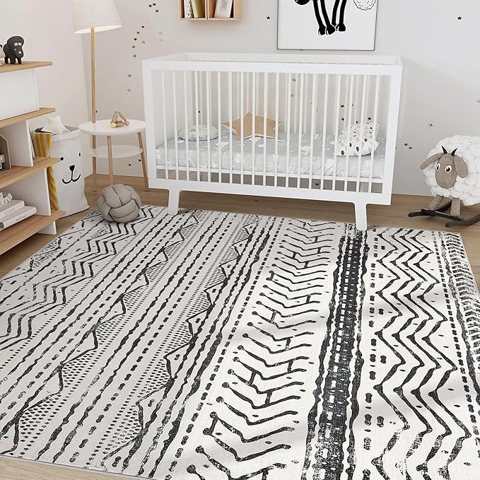 Nakagishi Black Rug for Living Room: 7x9 Washable Boho Large Neutral Soft Farmhouse Area Rugs Stain Resistant Modern Geometric Non-Slip Indoor Floor Carpet for Bedroom Playroom Office Dining Room