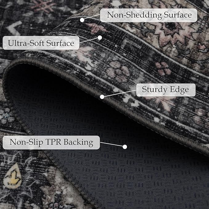 Ruaruarug Area Rug for Bedroom Living Room, Washable Non-Slip Foldable Waterproof, Soft for Office Dining Room Kids, Fluffy Easy to Clean, Decor Aesthetic Black Gray, 8'×10'