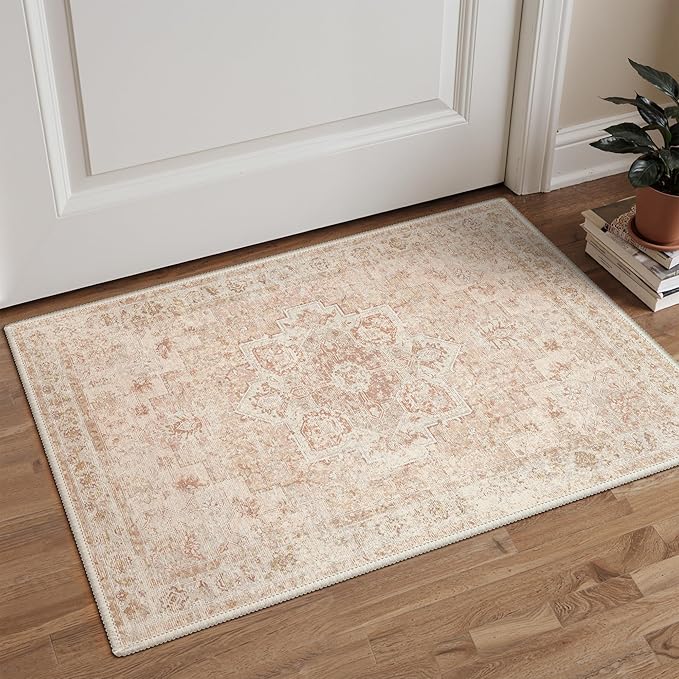 GENIMO Area Rug 2x3 Doormat, Machine Washable Low Pile Rugs, Small Retro Chenille Entryway Mat for Entrance, Hallway, Kitchen and Corridor, Light Pink