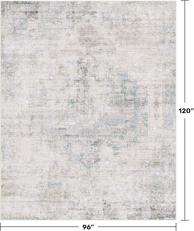 Washable 8x10 Bedroom Rug - Blue Grey Modern Area Rug for Living Room, Dining Room Table, Non Slip Soft Faded Print Carpet, Stain Resistant