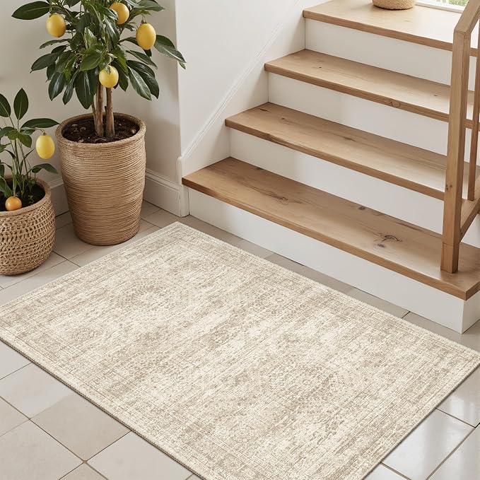 Soalmost 2x3 Washable Rugs for Kitchen, Floor, Entryway, Powder Room Small Area Rug Non-Slip Vintage Low Pile Throw Door Mat Beige