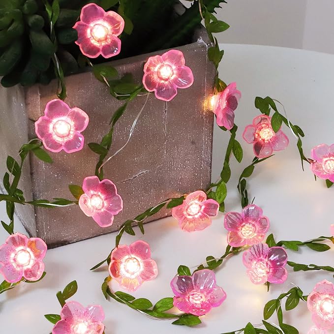 Cherry Blossom Decor Flower String Lights Vines with Fairy Lights Christmas, 30 LED Copper with Remote Control Battery Operated Pink Flower Garland Leaf for Locker,Bedroom, Wall,Christmas Decorations