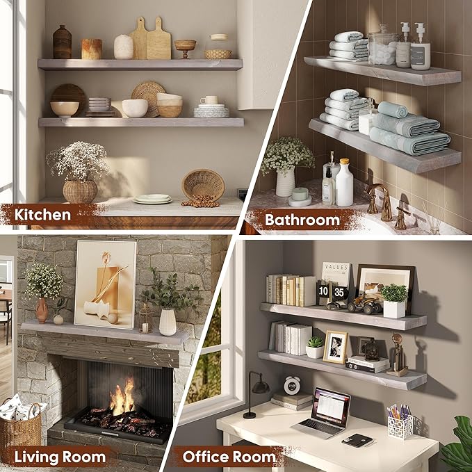 Live Edge Floating Shelves Set of 2, 32 Inch Solid Elm Wood Wall Shelves - Invisible Bracket Mount for Living Room, Bedroom, Kitchen, Bathroom | Weathered Gray