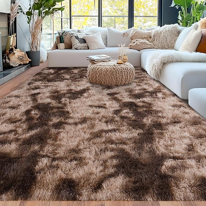 5x7 Fluffy Fuzzy Area Rug for Living Room Bedroom, Ultra Soft Rugs for Living Room, Modern Shaggy Carpets Rug for Boys Girls Dorm Nursery Home Decor Aesthetic, Upgrade Non-Slip Durable, Tie Dyed Brown