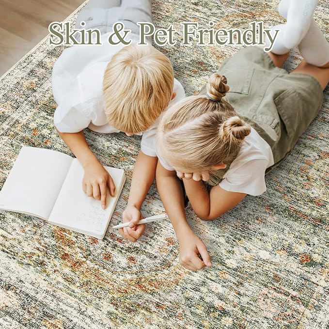 Soalmost 5x7 Area Rugs Green Orange Low Pile Indoor Washable Trendy Faded Style Rugs for Bedroom Living Room Dining Room Foldable Non-Slip Thin Print Mat