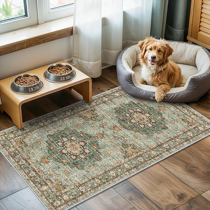 TOPRUUG Green Oriental Entry Rug - 2x4 Washable Area Rugs for Kitchen Bathroom Non-Slip Ultra-Thin Indoor Door Mat Indoor Entrance - Stain Resistant Small Throw Carpet (Green, 2X4)