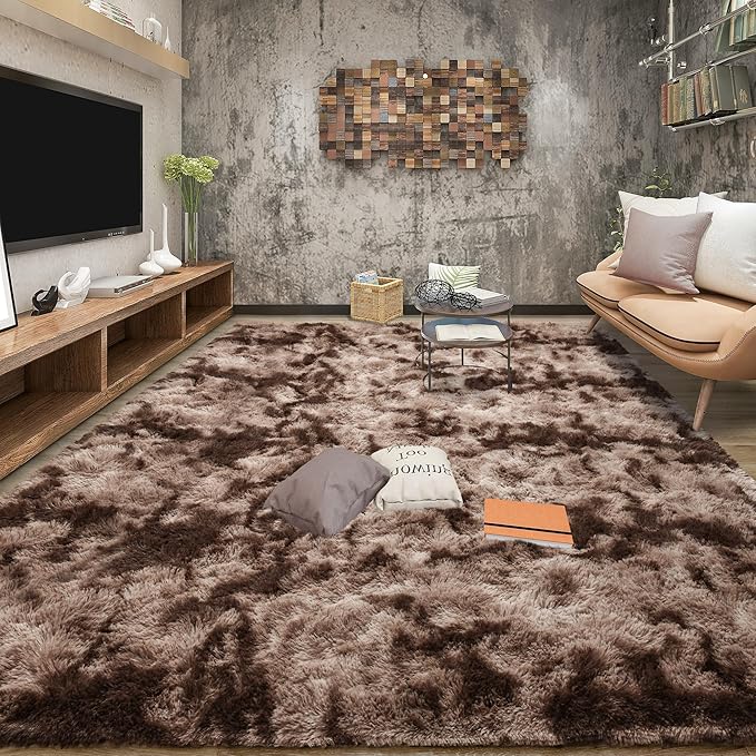 Tepook Fluffy Large Rugs for Living Room, 8x10 Area Rugs for Bedroom, Modern Shag Fuzzy Carpets for Kids Boys Girls, Plush Indoor Nursery Home Decor Rug with Non-Slip Bottom, Tie-Dyed Coffee