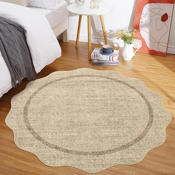GarveeHome Scalloped Round Rugs 6Ft Washable Area Rug for Playroom, Kids Non-Slip Neutral Classic Circle Rug Modern Large Carpet Soft Boys Rug for Classroom Dorm Bedroom, Jute