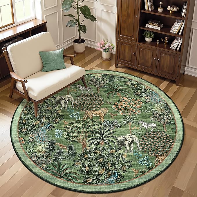 GarveeHome Jungle Round Washable Rugs 4ft Non-Slip Soft Round Rug for Kids Room, Animal Print Tiger Circle Carpet for Bedroom Entryway Playroom Nursery, Forest Green