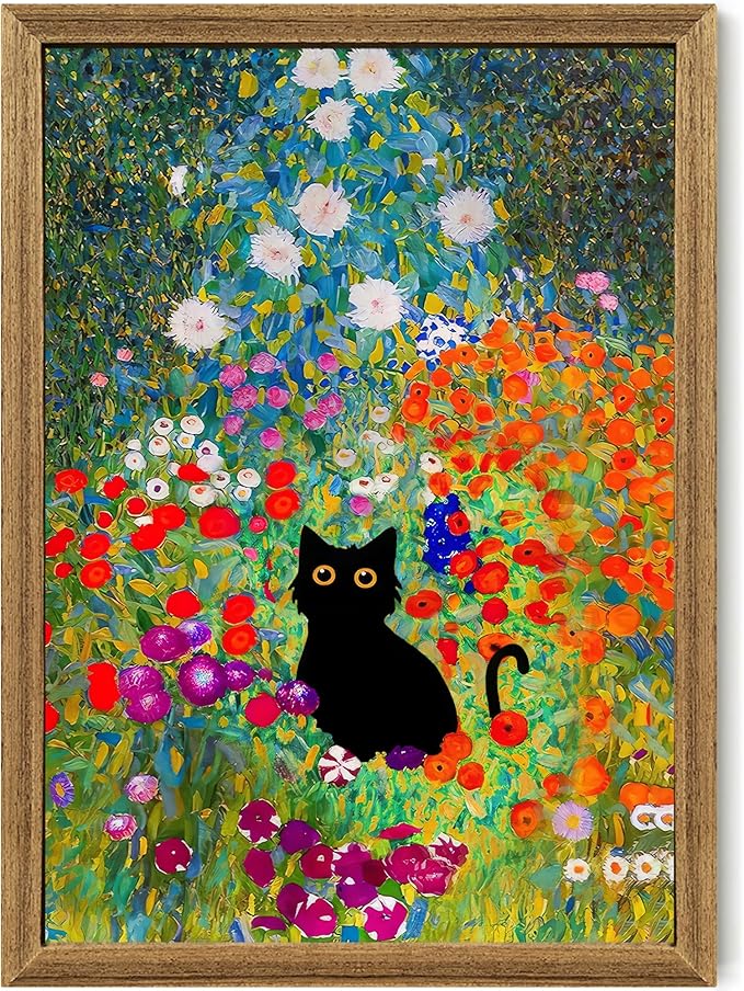 Fantasy Artists Gustav Klimt Canvas Wall Art, Framed Aesthetic Cat Floral Wall Decor, Garden Flower Black Cat Poster Paintings for Living Room Bedroom Bathroon, Dorm Home Decorations, 16" X 24"