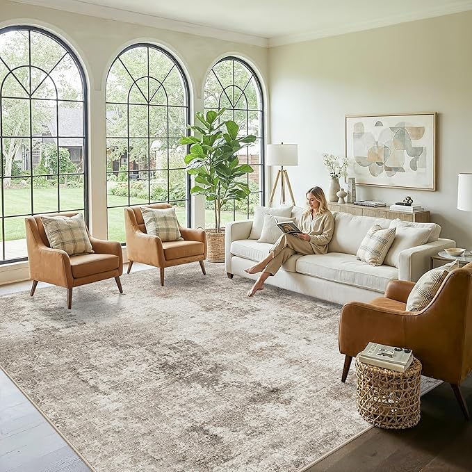 11x11 Square Area Rug for Living Room–Washable Non-Slip Soft Large Rug for Bedroom Playroom – Low-Pile Stain-Resistant Modern Abstract Neutral Indoor Carpet (Beige Grey,11ft)