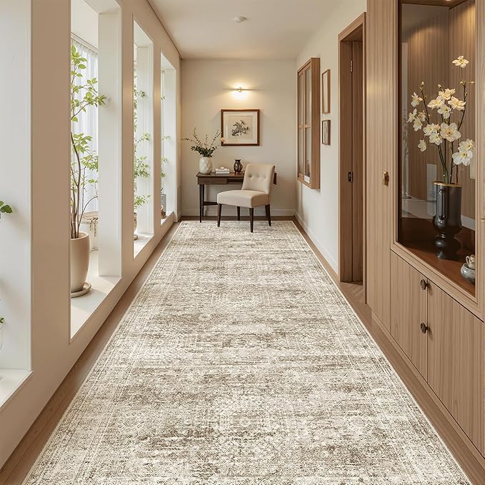 Soalmost 4x10 Wide Hallway Runner Rug: Washable Soft Rug Runners for Living Room Bedroom Ktichen, Stain Resistant Low Pile Area Rugs Non Slip Floor Carpet (Brown, 4x10)