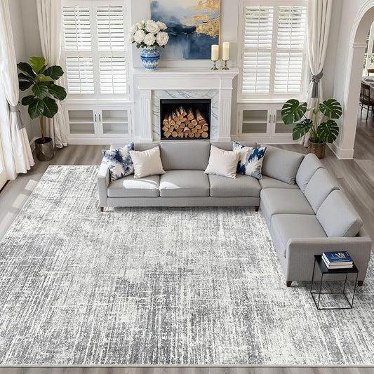 10x14 Area Rugs Living Room: Washable Large Neutral Grey Rug Abstract Soft Modern Stain Resistant Indoor Floor Non-Slip Carpet for Bedroom Nursery Kids Office Playroom Dining Room Under Table Home