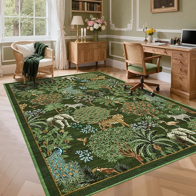 GarveeHome Jungle Rug 10x13 Washable Area Rugs for Living Room, Dark Green Animal Print Rug Non Slip Low Pile Forest Stain Resistance Large Throw Carpet for Kids Bedroom Nursery Playroom Dining Room
