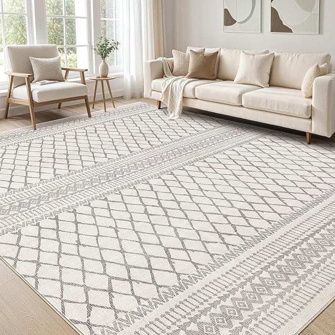 cotiled 8x10 Area Rug Living Room: Washable Boho Rugs with Non Slip Backing Large Soft Indoor Stain Resistant Carpet for Bedroom Farmhouse Dining Room Lightweight Home Decor Beige/Gray