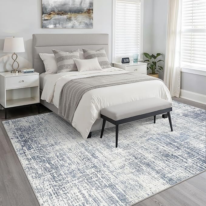 7x10 Area Rug Living Room: Washable Large Neutral Blue Rug Abstract Soft Modern Stain Resistant Indoor Floor Non-Slip Carpet for Bedroom Nursery Kids Office Playroom Dining Room Under Table Home